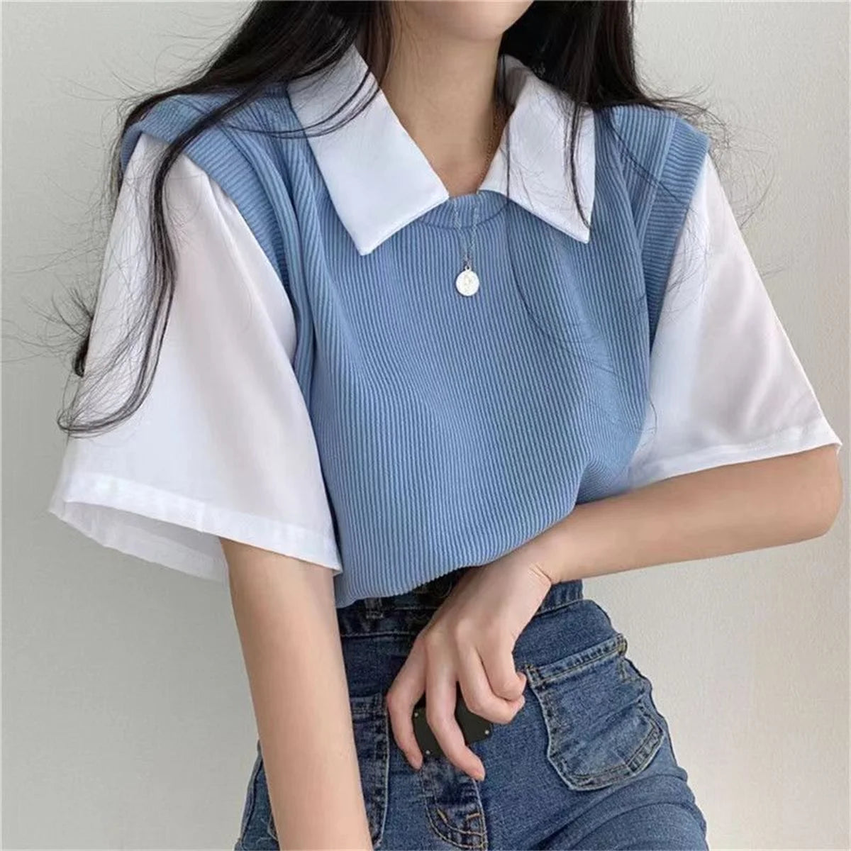 Summer Academy Style Color Blocking Polo Collar Top Fake Two-piece Short Sleeve T-shirt Women Lazy Loose Casual Versatile Blouse