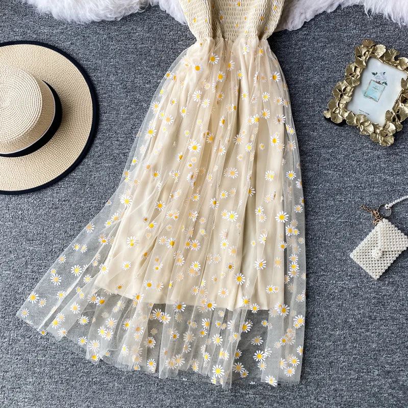 Women daisy Print Dresses Summer Sexy Lace Mesh Dress Spaghetti Strap Ruched Floral Vestidos Korean Style Long Dress