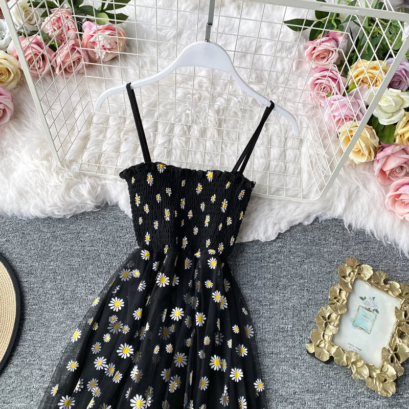 Women daisy Print Dresses Summer Sexy Lace Mesh Dress Spaghetti Strap Ruched Floral Vestidos Korean Style Long Dress