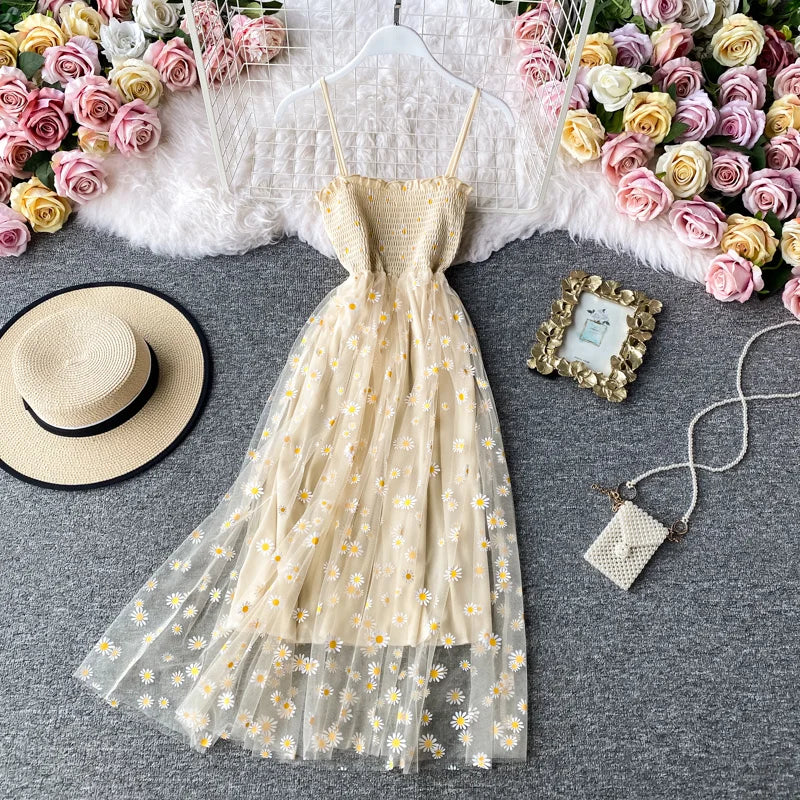 Women daisy Print Dresses Summer Sexy Lace Mesh Dress Spaghetti Strap Ruched Floral Vestidos Korean Style Long Dress