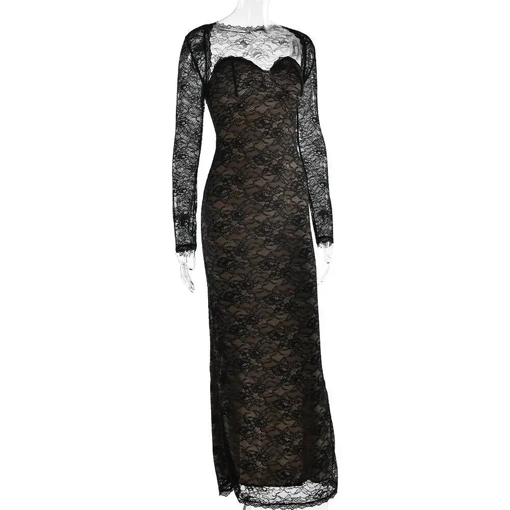 Townlike Lace Slim Bodycon Maxi Long Dress Women 2025 Summer Autumn Winter Dress Nightclub Sexy Party Dresses With Shawl Lining