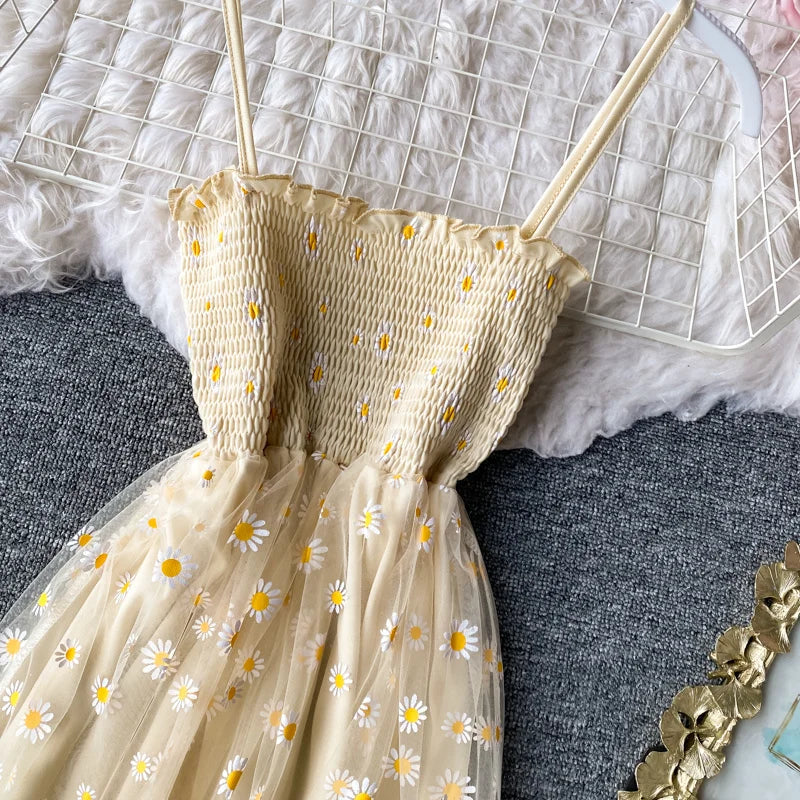 Women daisy Print Dresses Summer Sexy Lace Mesh Dress Spaghetti Strap Ruched Floral Vestidos Korean Style Long Dress