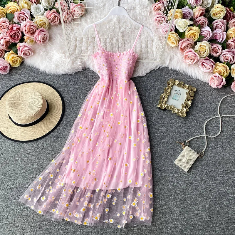 Women daisy Print Dresses Summer Sexy Lace Mesh Dress Spaghetti Strap Ruched Floral Vestidos Korean Style Long Dress
