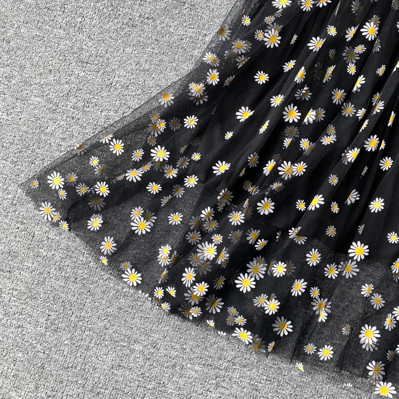 Women daisy Print Dresses Summer Sexy Lace Mesh Dress Spaghetti Strap Ruched Floral Vestidos Korean Style Long Dress