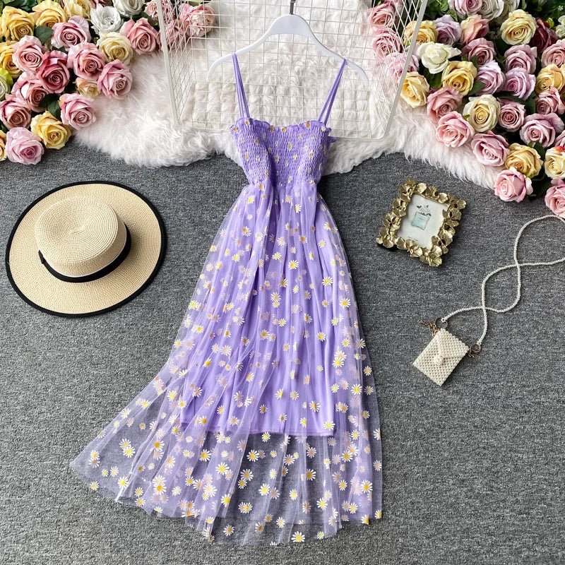 Women daisy Print Dresses Summer Sexy Lace Mesh Dress Spaghetti Strap Ruched Floral Vestidos Korean Style Long Dress