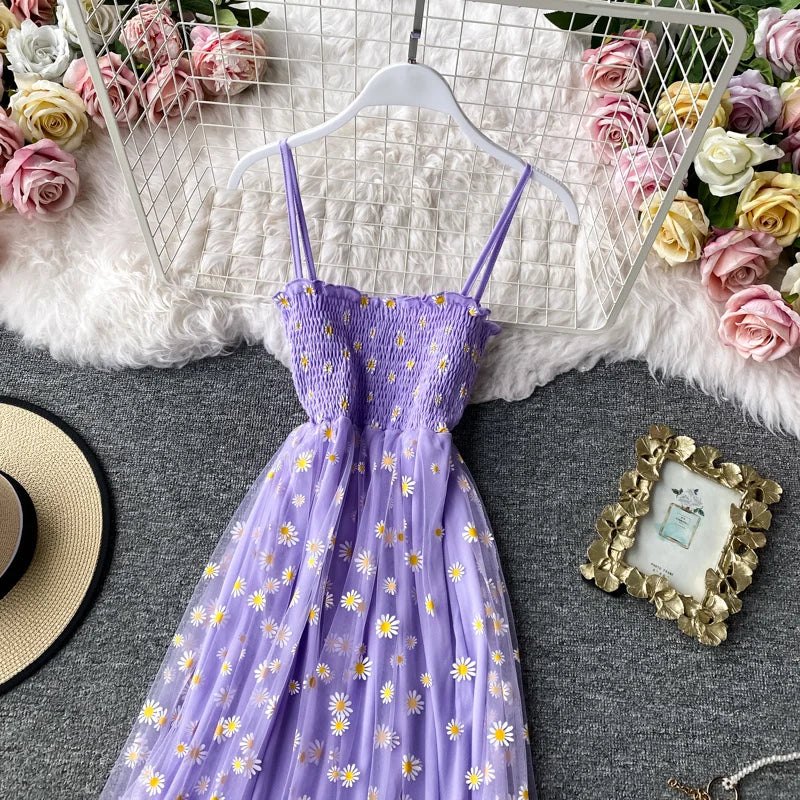 Women daisy Print Dresses Summer Sexy Lace Mesh Dress Spaghetti Strap Ruched Floral Vestidos Korean Style Long Dress