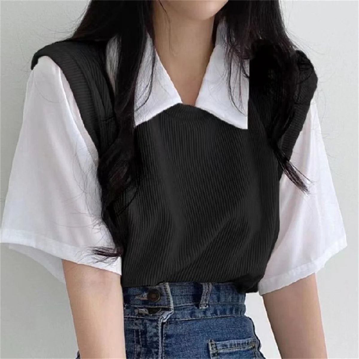 Summer Academy Style Color Blocking Polo Collar Top Fake Two-piece Short Sleeve T-shirt Women Lazy Loose Casual Versatile Blouse